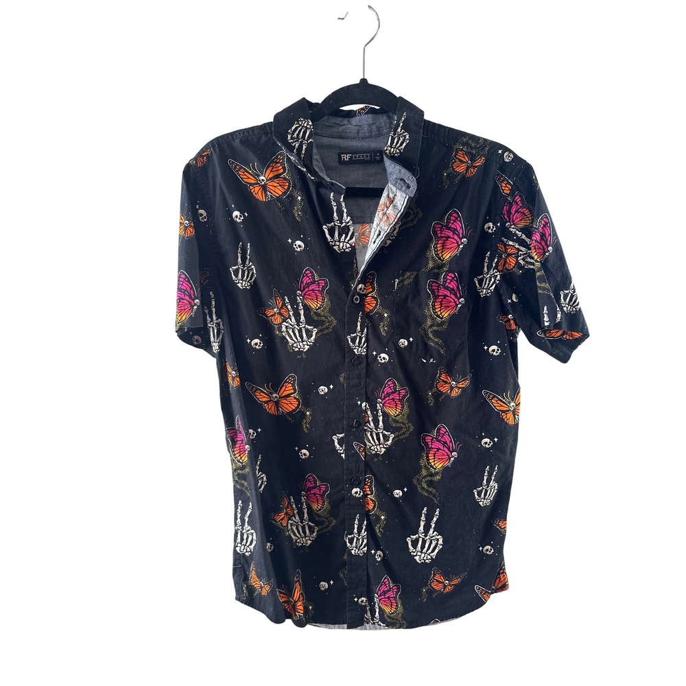 RF Brand MFG Unisex Black Skeleton Hand Butterfly Skull Button Down Shirt Medium